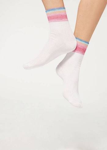 Calcetines Calzedonia Faded A Rayas Corta with Glitter Mujer Blancas | CL2431NB