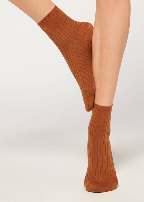 Calcetines Calzedonia Acanalado Corta Mujer Marrones | CL2484BC