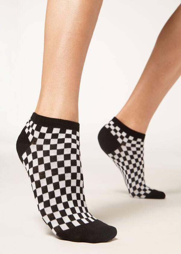 Calcetines Calzedonia Checkered No-Show Mujer Negras | CL2273FM